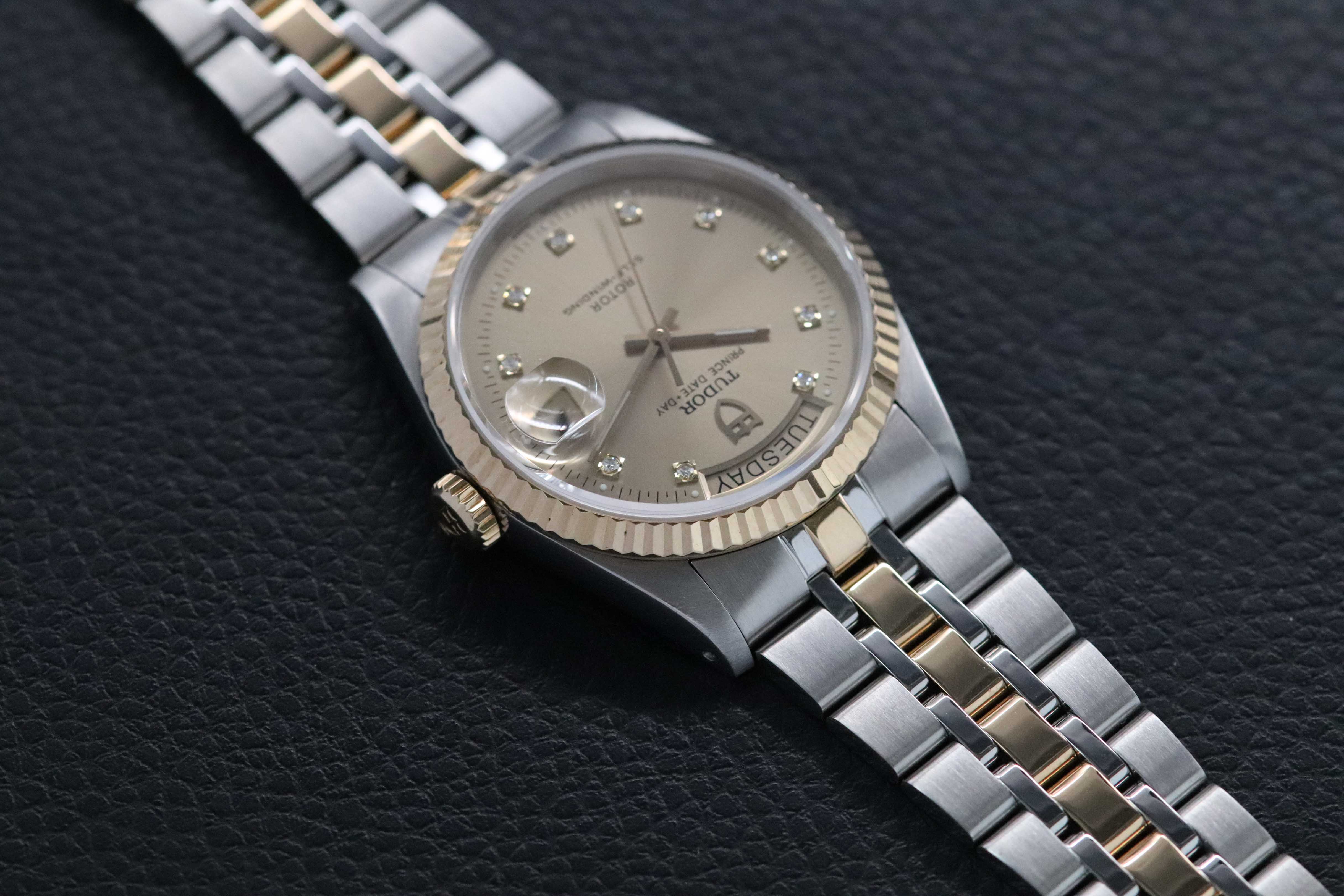 Tudor Prince Date Day 76213G Gold Dial Diamonds 2001