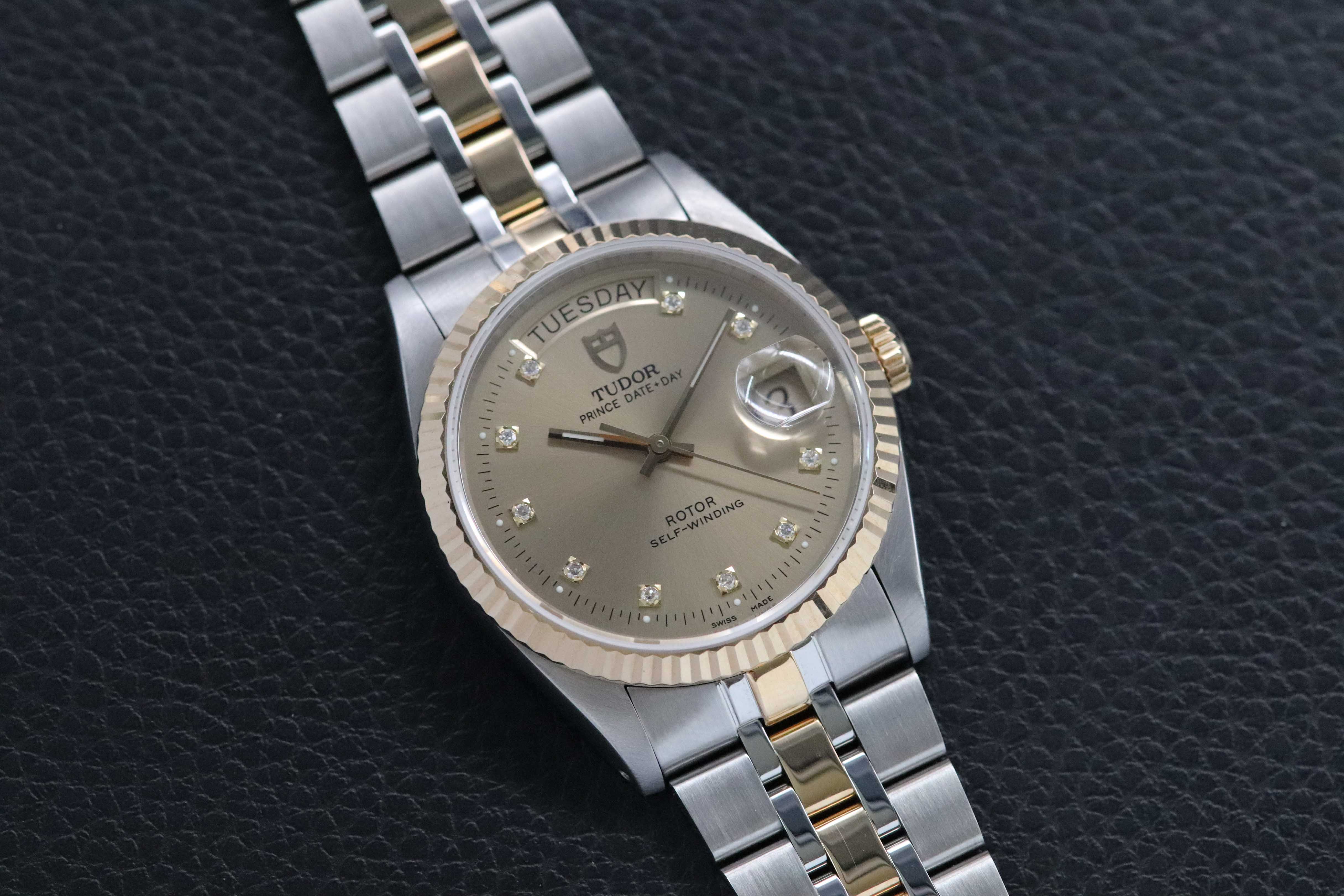 Tudor Prince Date Day 76213G Gold Dial Diamonds 2001