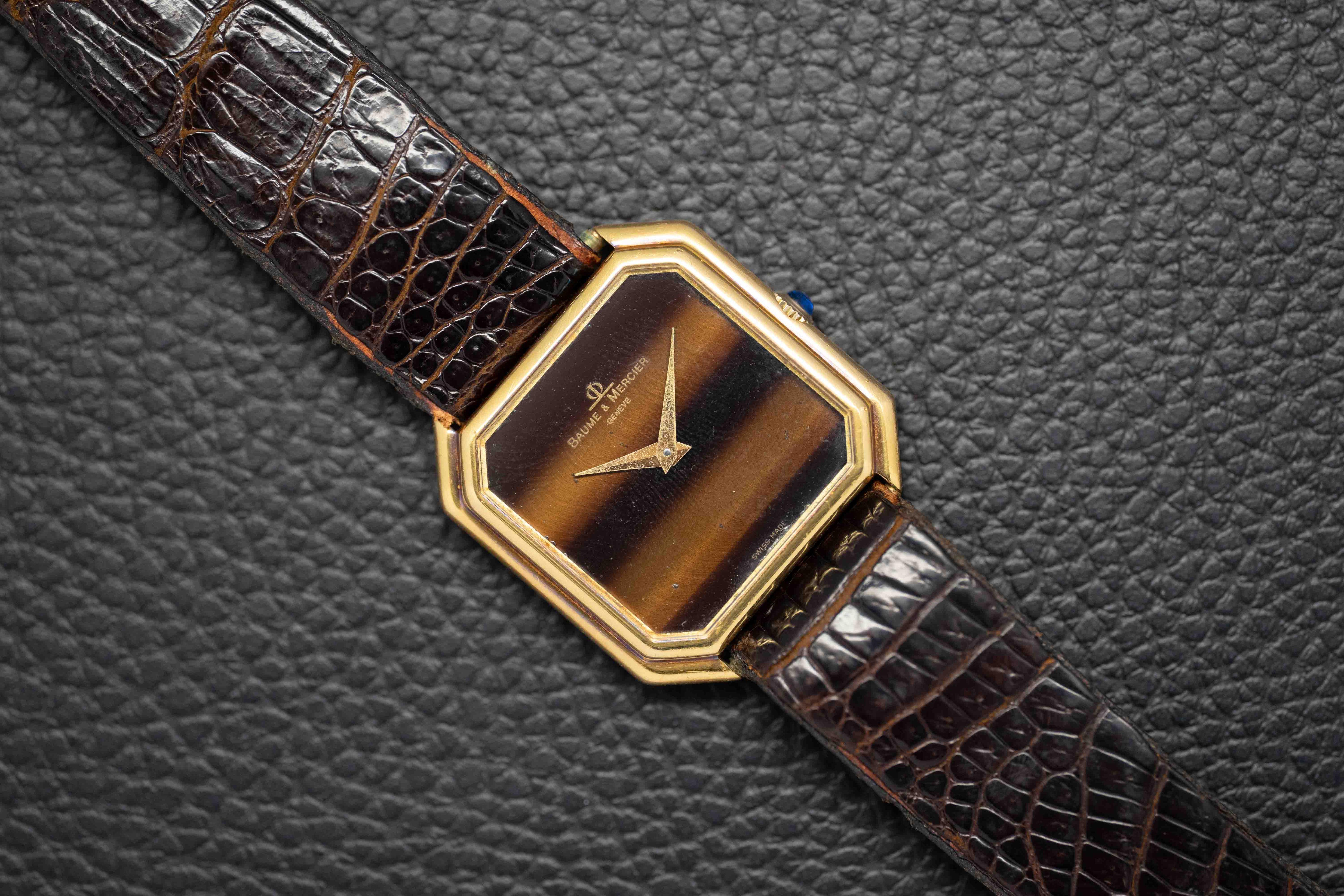 Baume & Mercier Tank Tiger Eye Stone Dial 1982 18K Gold