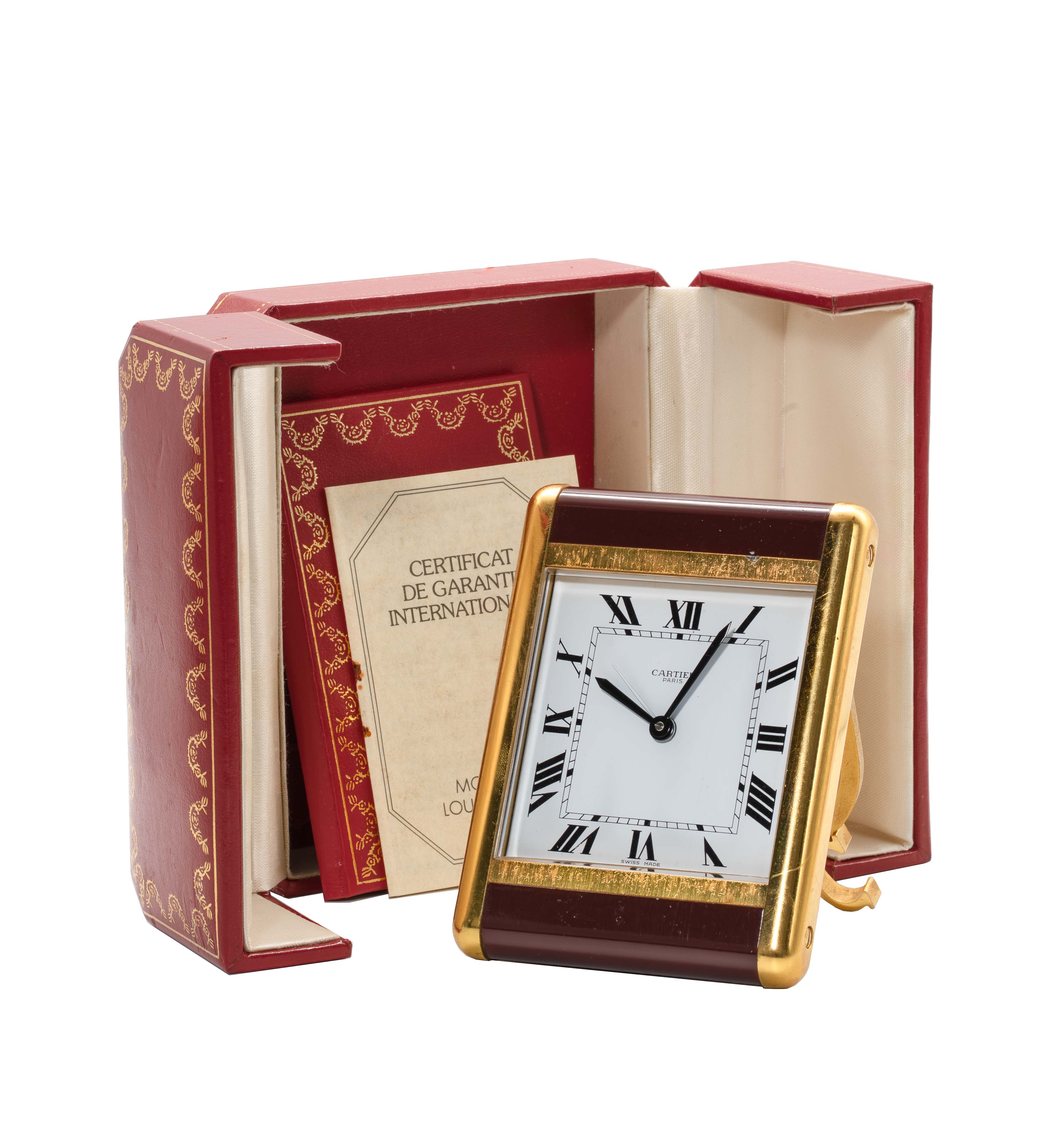 Horloge de bureau Cartier Tank 7505, ensemble complet, coffret Cartier Paris + papiers